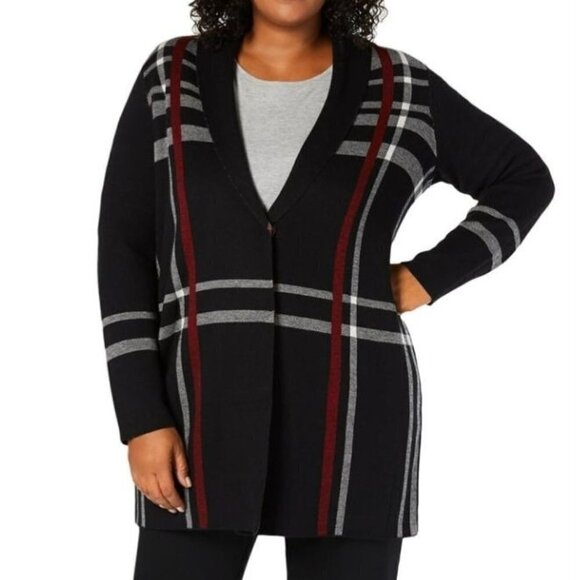 Charter Club Black Red Plaid Coatagan Long Line Sweater Jacket Size XL - Picture 5 of 10